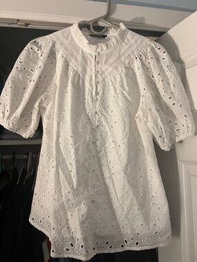 Eyelet Pintuck Puff Sleeve Blouse - White